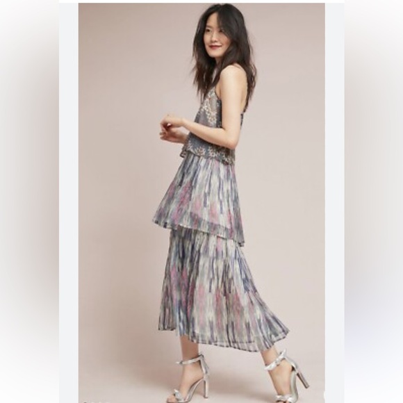 Anthropologie Meadow Rue Josie Tiered metallic Maxi Dress Size 10 - Picture 1 of 11